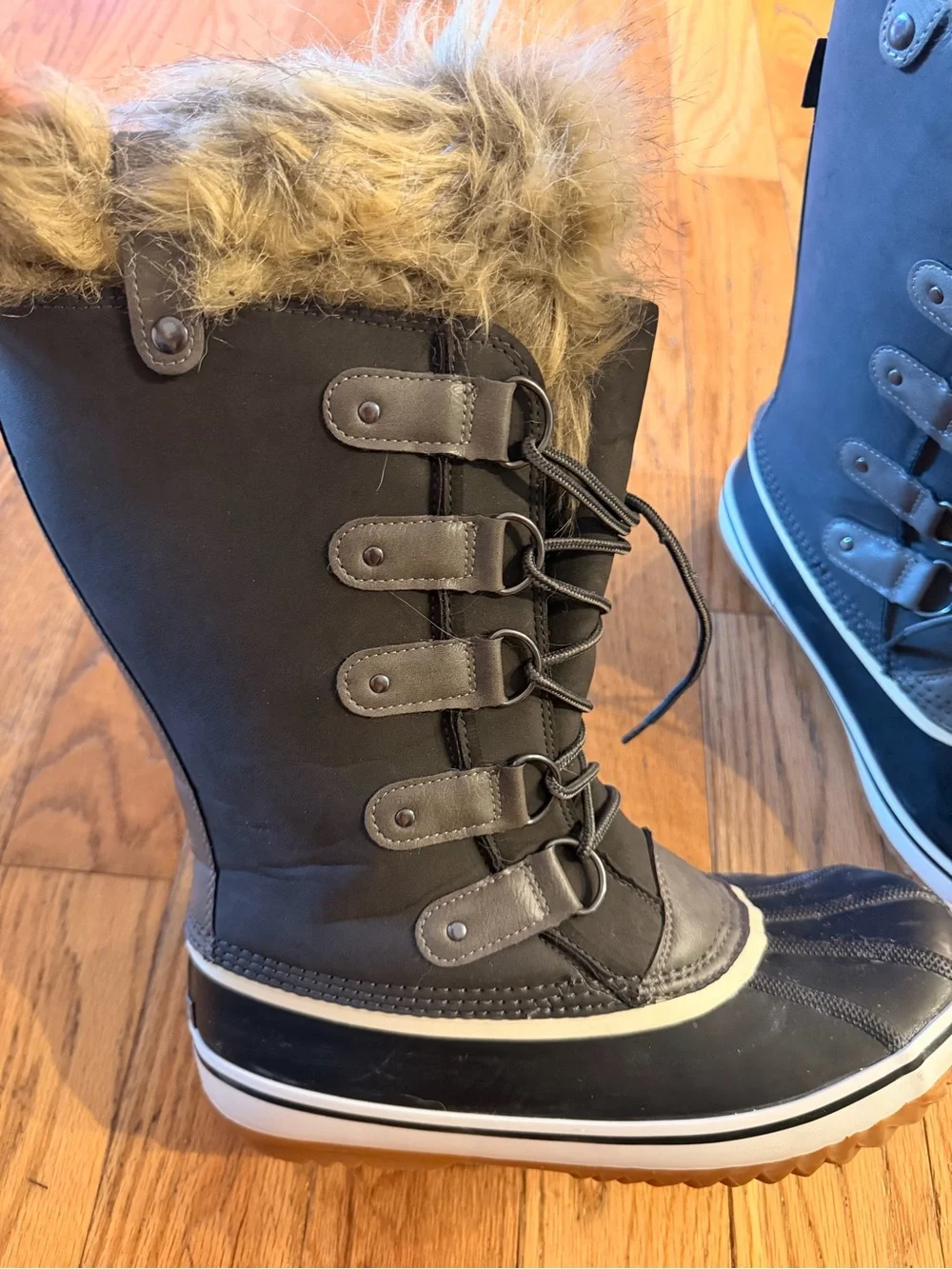 JBU Edith Black Faux-Fur Lace-Up Winter Rain Boots